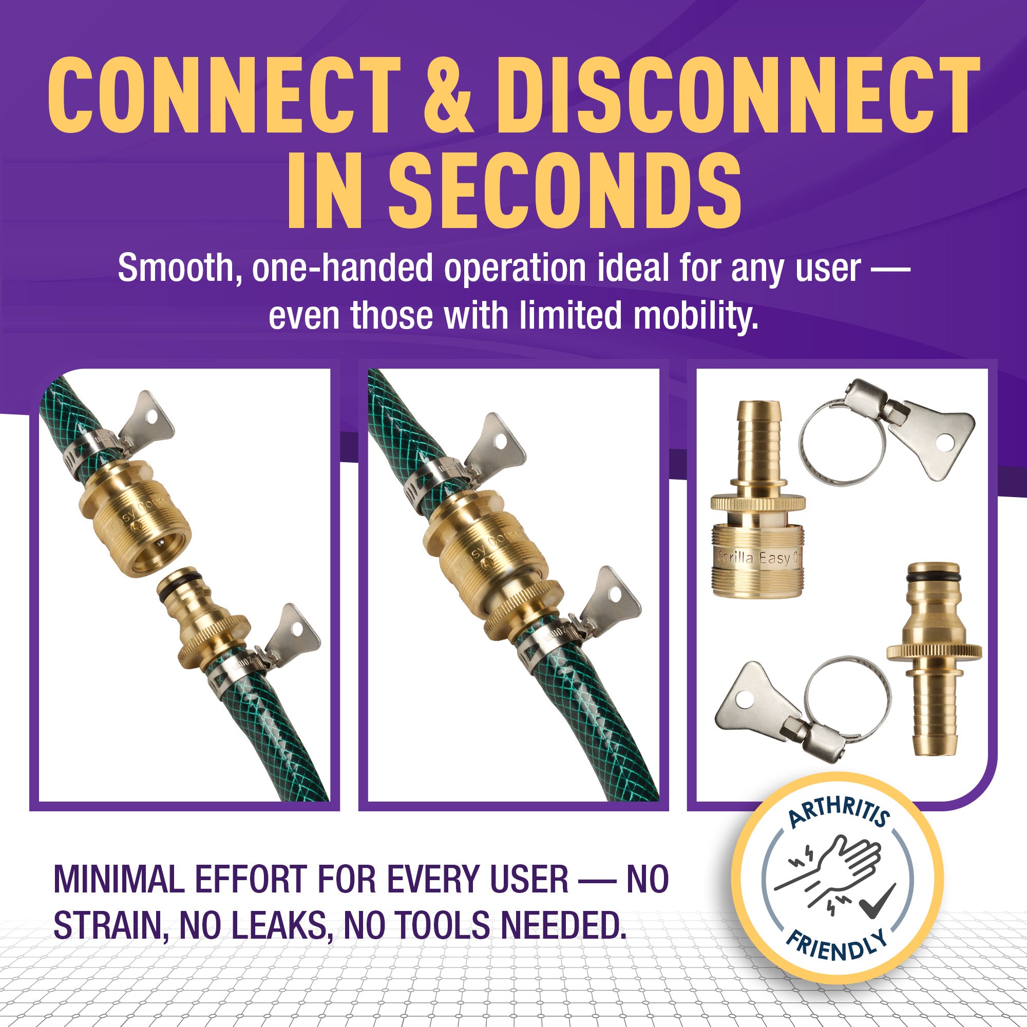 Gorilla Easy Connect Inline 1/2 inch male barb connector with female barbed quick connector, inline garden hose repair kit solid brass leak proof corrosion resistant gardening 3/4 GHT Garden Hose Thread Window Washing