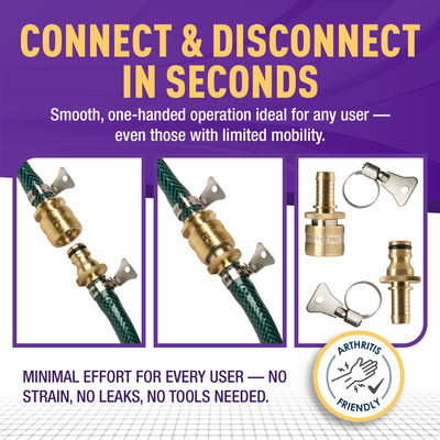 Gorilla Easy Connect Inline 1/2 inch male barb connector with female barbed quick connector, inline garden hose repair kit solid brass leak proof corrosion resistant gardening 3/4 GHT Garden Hose Thread Window Washing