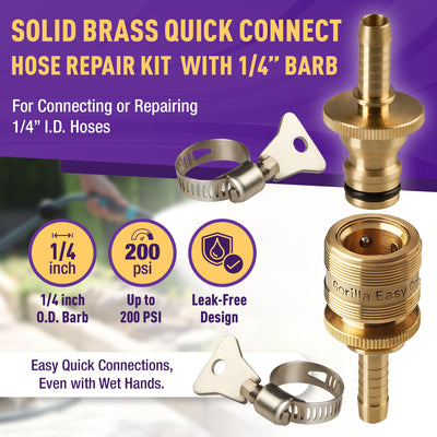 Gorilla Easy Connect Inline 1/4 inch male barb connector with female barbed quick connector, inline garden hose repair kit solid brass leak proof corrosion resistant gardening 3/4 GHT Garden Hose Thread Window Washing