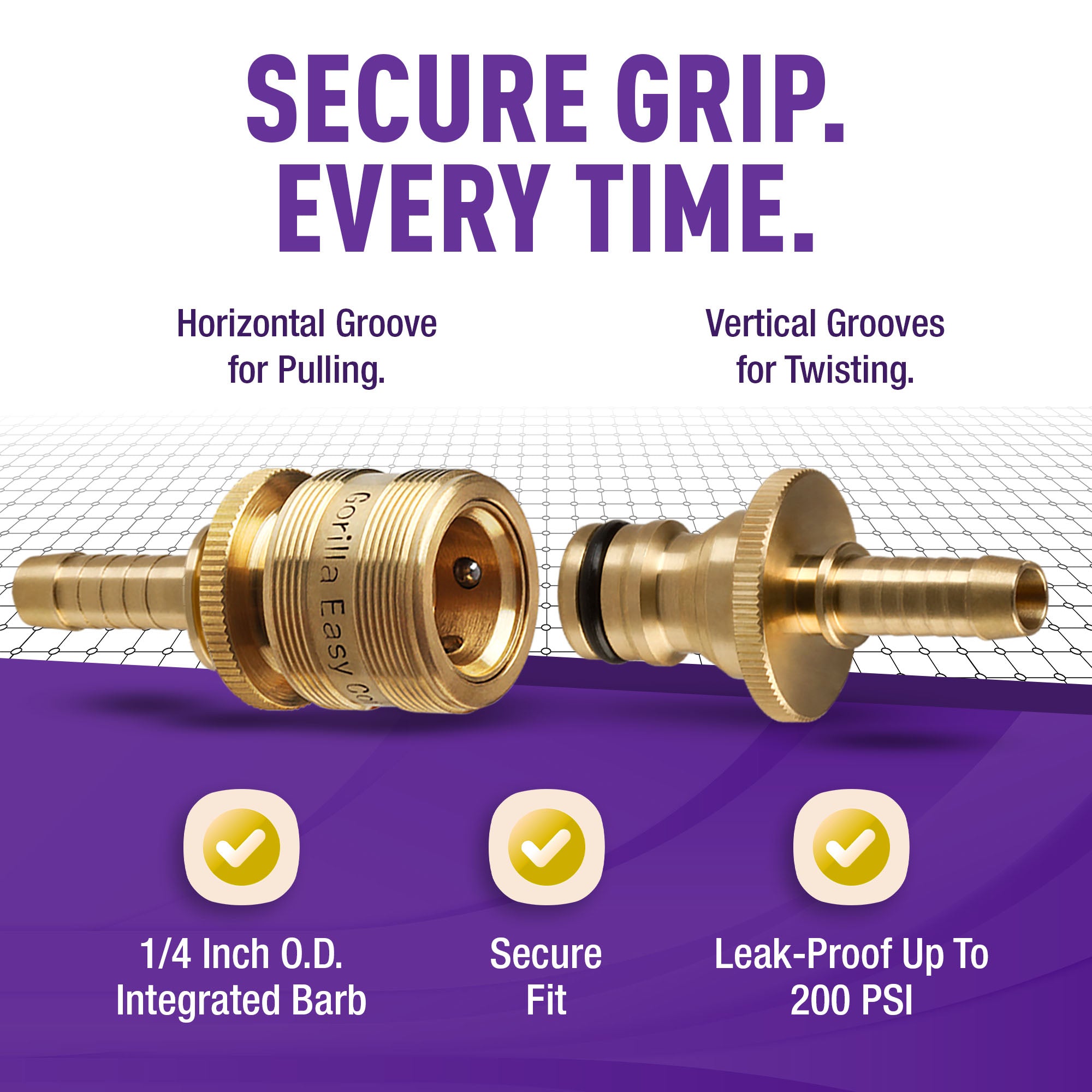 Gorilla Easy Connect Inline 1/4 inch male barb connector with female barbed quick connector, inline garden hose repair kit solid brass leak proof corrosion resistant gardening 3/4 GHT Garden Hose Thread Window Washing