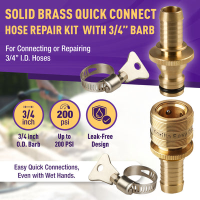 Gorilla Easy Connect Inline 3/4 inch male barb connector with female barbed quick connector, inline garden hose repair kit solid brass leak proof corrosion resistant gardening 3/4 GHT Garden Hose Thread Window Washing