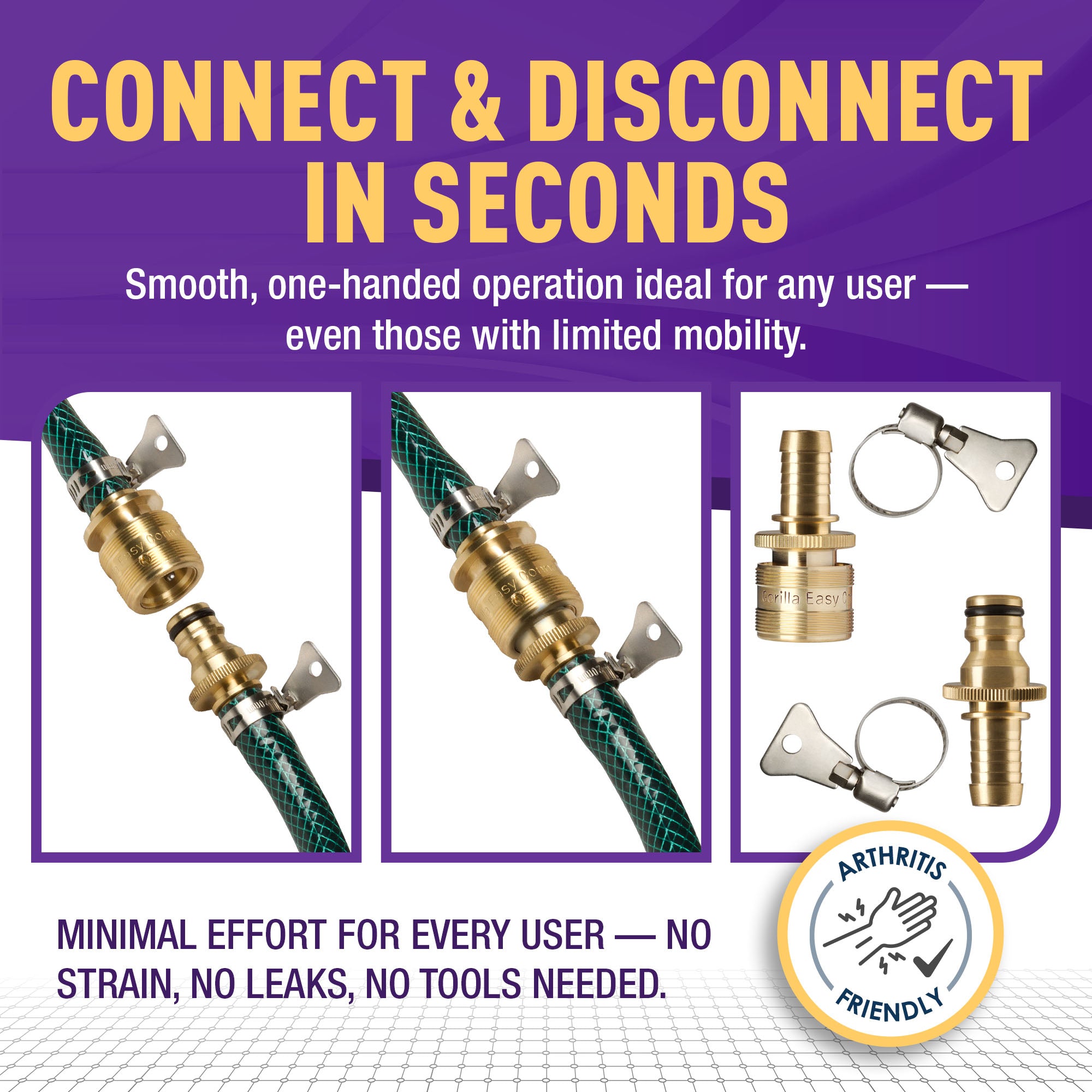 Gorilla Easy Connect Inline 3/4 inch male barb connector with female barbed quick connector, inline garden hose repair kit solid brass leak proof corrosion resistant gardening 3/4 GHT Garden Hose Thread Window Washing