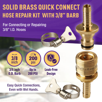 Gorilla Easy Connect Inline 3/8 inch male barb connector with female barbed quick connector, inline garden hose repair kit solid brass leak proof corrosion resistant gardening 3/4 GHT Garden Hose Thread Window Washing