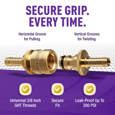 Gorilla Easy Connect Inline 3/8 inch male barb connector with female barbed quick connector, inline garden hose repair kit solid brass leak proof corrosion resistant gardening 3/4 GHT Garden Hose Thread Window Washing
