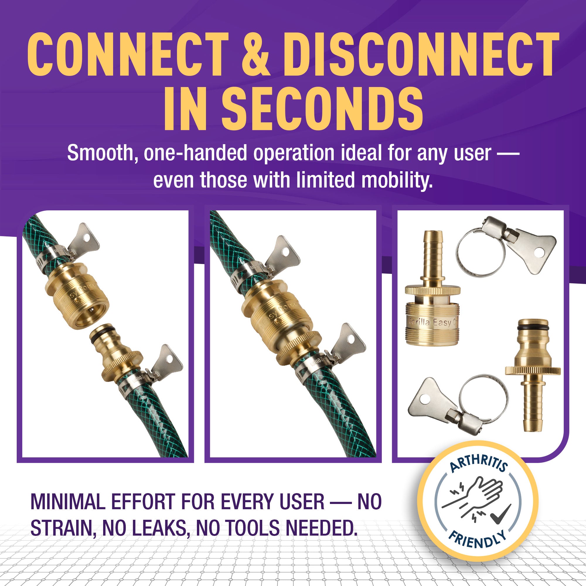 Gorilla Easy Connect Inline 3/8 inch male barb connector with female barbed quick connector, inline garden hose repair kit solid brass leak proof corrosion resistant gardening 3/4 GHT Garden Hose Thread Window Washing