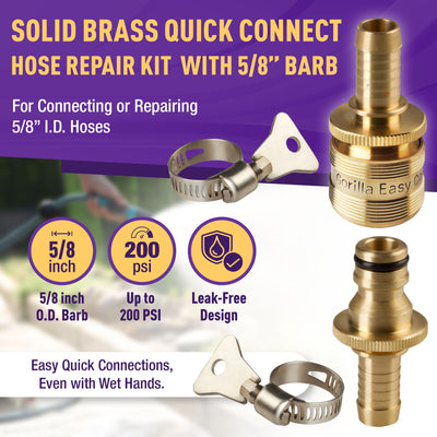 Gorilla Easy Connect Inline 5/8 inch male barb connector with female barbed quick connector, inline garden hose repair kit solid brass leak proof corrosion resistant gardening 3/4 GHT Garden Hose Thread Window Washing