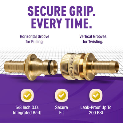 Gorilla Easy Connect Inline 5/8 inch male barb connector with female barbed quick connector, inline garden hose repair kit solid brass leak proof corrosion resistant gardening 3/4 GHT Garden Hose Thread Window Washing