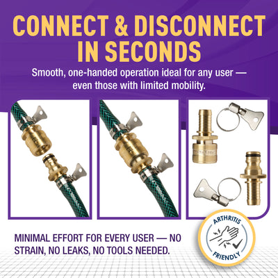 Gorilla Easy Connect Inline 5/8 inch male barb connector with female barbed quick connector, inline garden hose repair kit solid brass leak proof corrosion resistant gardening 3/4 GHT Garden Hose Thread Window Washing