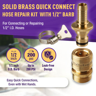 Gorilla Easy Connect 1/2 inch male barb connector with female quick connector, inline garden hose repair kit solid brass leak proof corrosion resistant gardening 3/4 GHT Garden Hose Thread