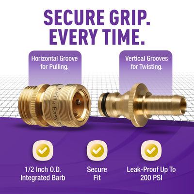 Gorilla Easy Connect 1/2 inch male barb connector with female quick connector, inline garden hose repair kit solid brass leak proof corrosion resistant gardening 3/4 GHT Garden Hose Thread