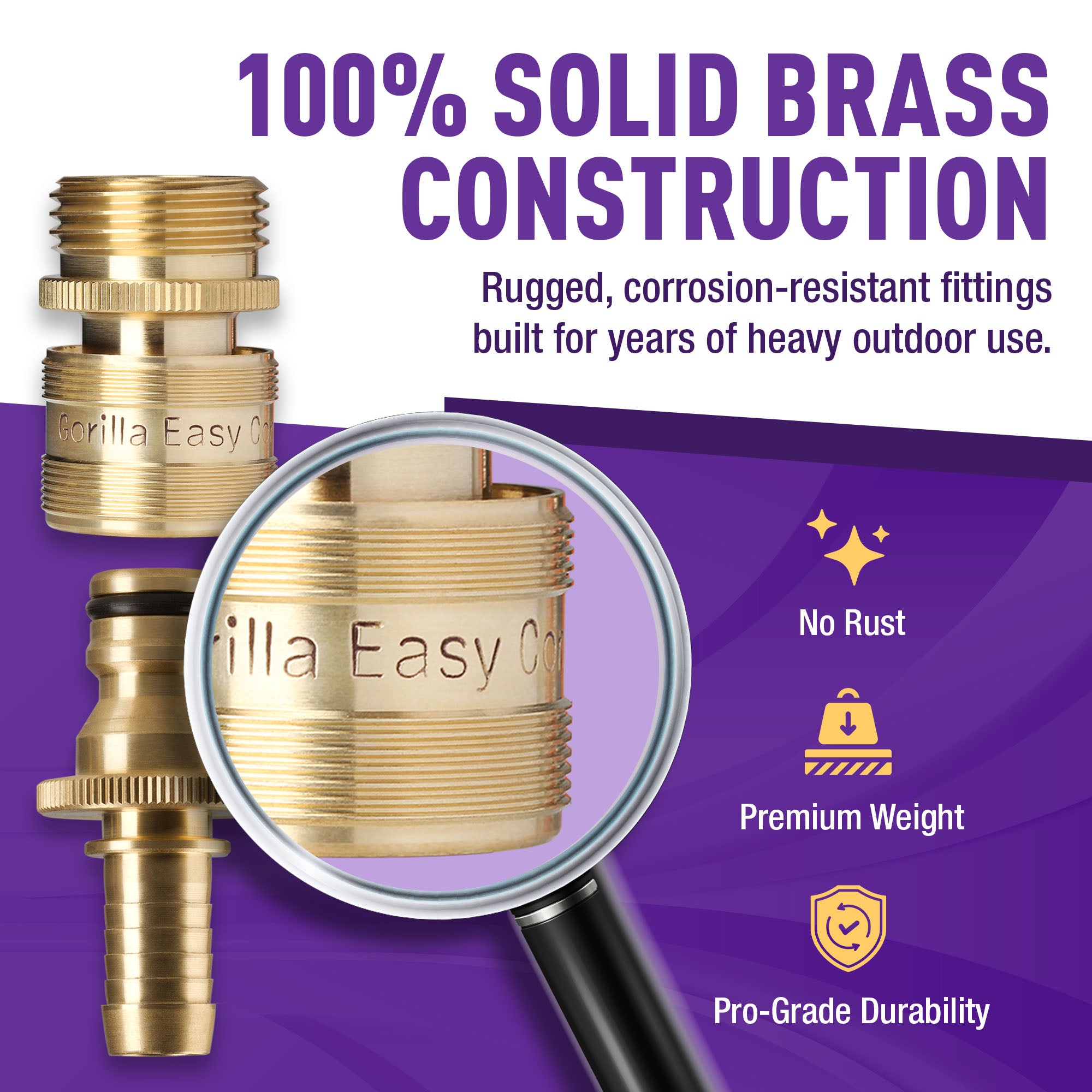 Gorilla Easy Connect 1/2 inch male barb connector with female quick connector, inline garden hose repair kit solid brass leak proof corrosion resistant gardening 3/4 GHT Garden Hose Thread