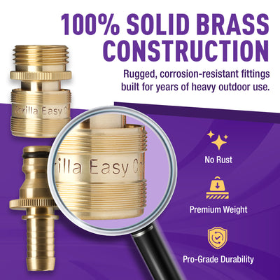 Gorilla Easy Connect 1/2 inch male barb connector with female quick connector, inline garden hose repair kit solid brass leak proof corrosion resistant gardening 3/4 GHT Garden Hose Thread