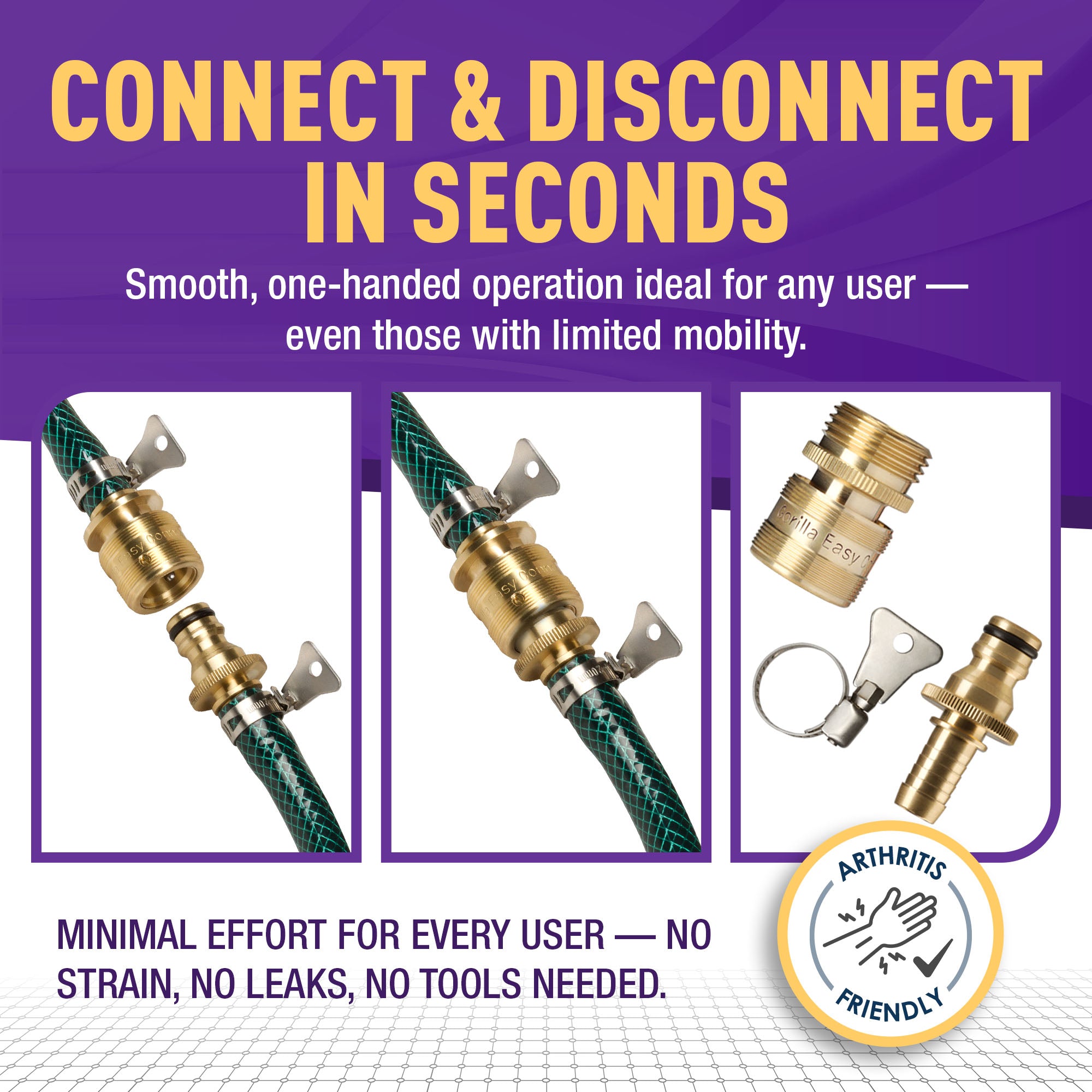 Gorilla Easy Connect 1/2 inch male barb connector with female quick connector, inline garden hose repair kit solid brass leak proof corrosion resistant gardening 3/4 GHT Garden Hose Thread