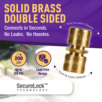 "Connect and repair garden hoses with the GORILLA EASY CONNECT Double-Sided Female Quick Connect with SecureLock™. Made from durable solid brass, it’s leak-proof, handles up to 200 PSI, and offers easy one-handed operation. Ideal for gardening and watering systems."