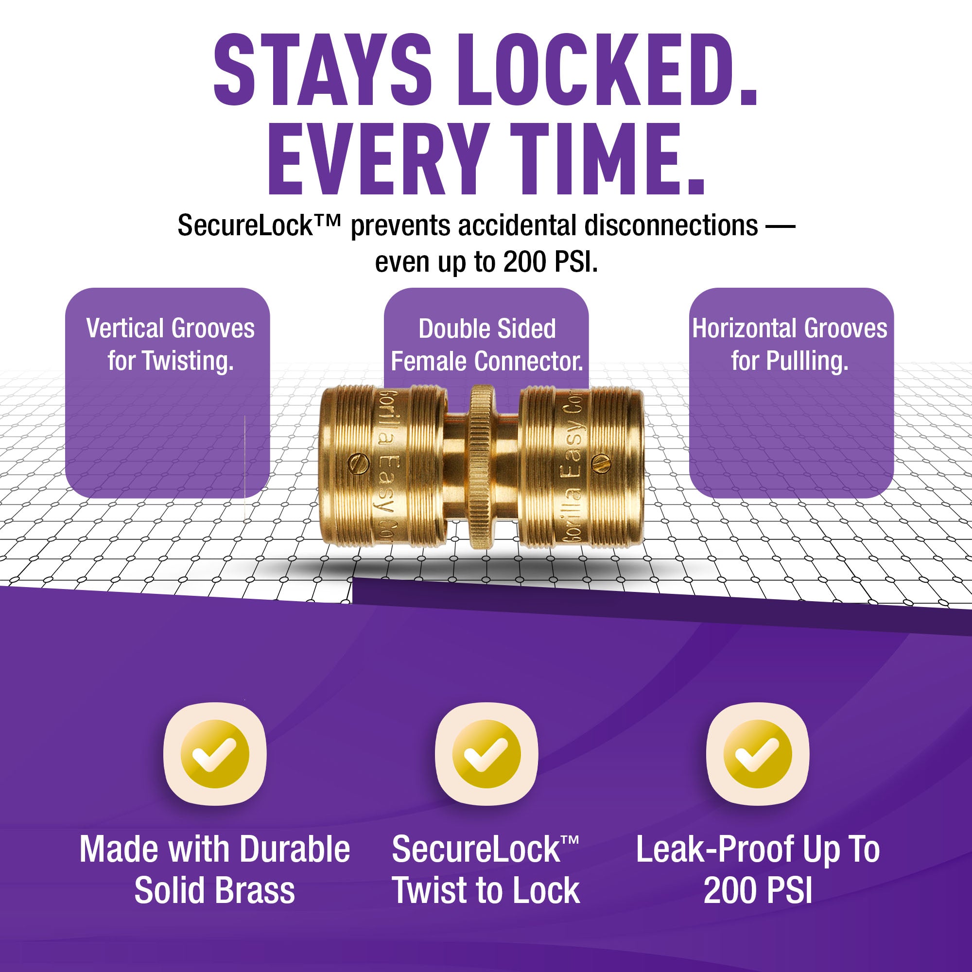"Connect and repair garden hoses with the GORILLA EASY CONNECT Double-Sided Female Quick Connect with SecureLock™. Made from durable solid brass, it’s leak-proof, handles up to 200 PSI, and offers easy one-handed operation. Ideal for gardening and watering systems."