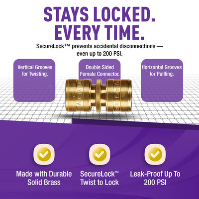 "Connect and repair garden hoses with the GORILLA EASY CONNECT Double-Sided Female Quick Connect with SecureLock™. Made from durable solid brass, it’s leak-proof, handles up to 200 PSI, and offers easy one-handed operation. Ideal for gardening and watering systems."