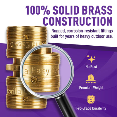 "Connect and repair garden hoses with the GORILLA EASY CONNECT Double-Sided Female Quick Connect with SecureLock™. Made from durable solid brass, it’s leak-proof, handles up to 200 PSI, and offers easy one-handed operation. Ideal for gardening and watering systems."