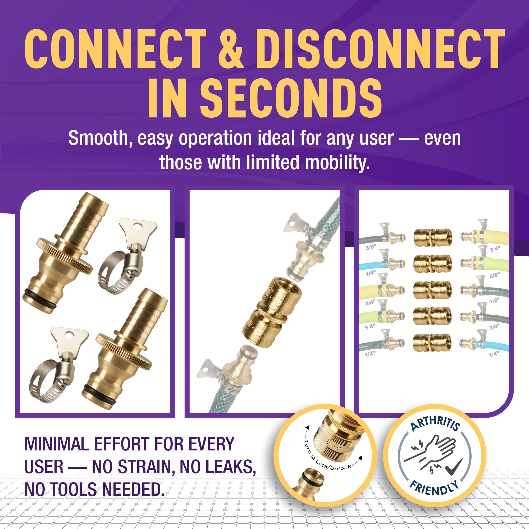 GORILLA EASY CONNECT Double-Sided Female Quick Connect with SecureLock™ - Solid Brass Fitting for Hose Repairs and Connectors, 200 PSI Leak-Proof Design