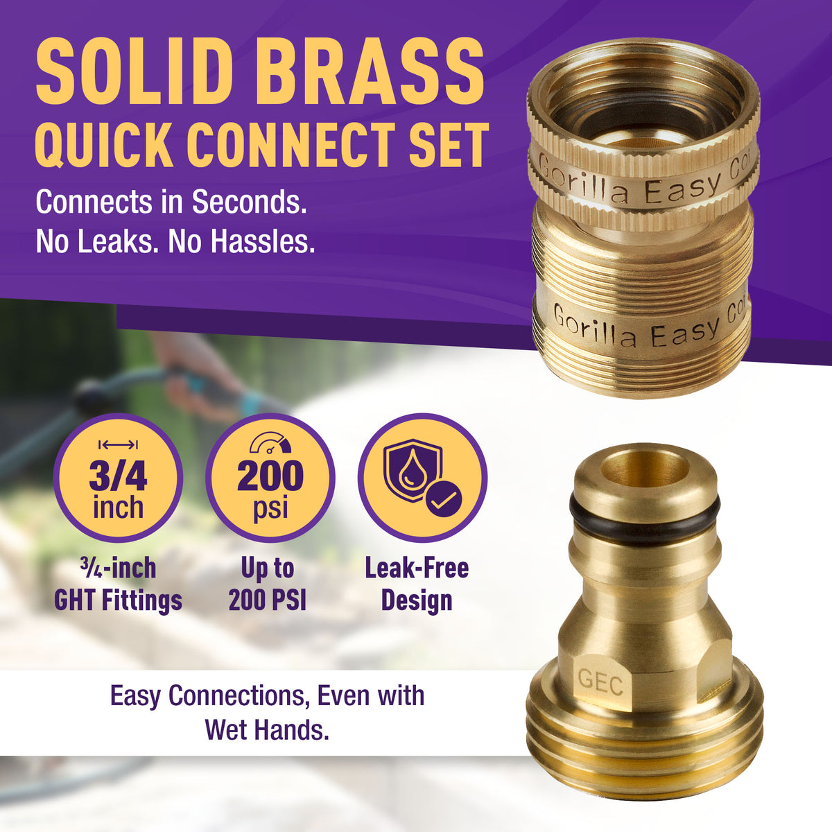 GORILLA EASY CONNECT MALE AND FEMALE GARDEN HOSE QUICK CONNECTOR SOLID BRASS LEAK PROOF 3/4 INCH GHT THREAD CORROSIVE RESISTANT WITH FEMALE THREADS
