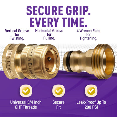 GORILLA EASY CONNECT MALE AND FEMALE GARDEN HOSE QUICK CONNECTOR SOLID BRASS LEAK PROOF 3/4 INCH GHT THREAD CORROSIVE RESISTANT WITH FEMALE THREADS