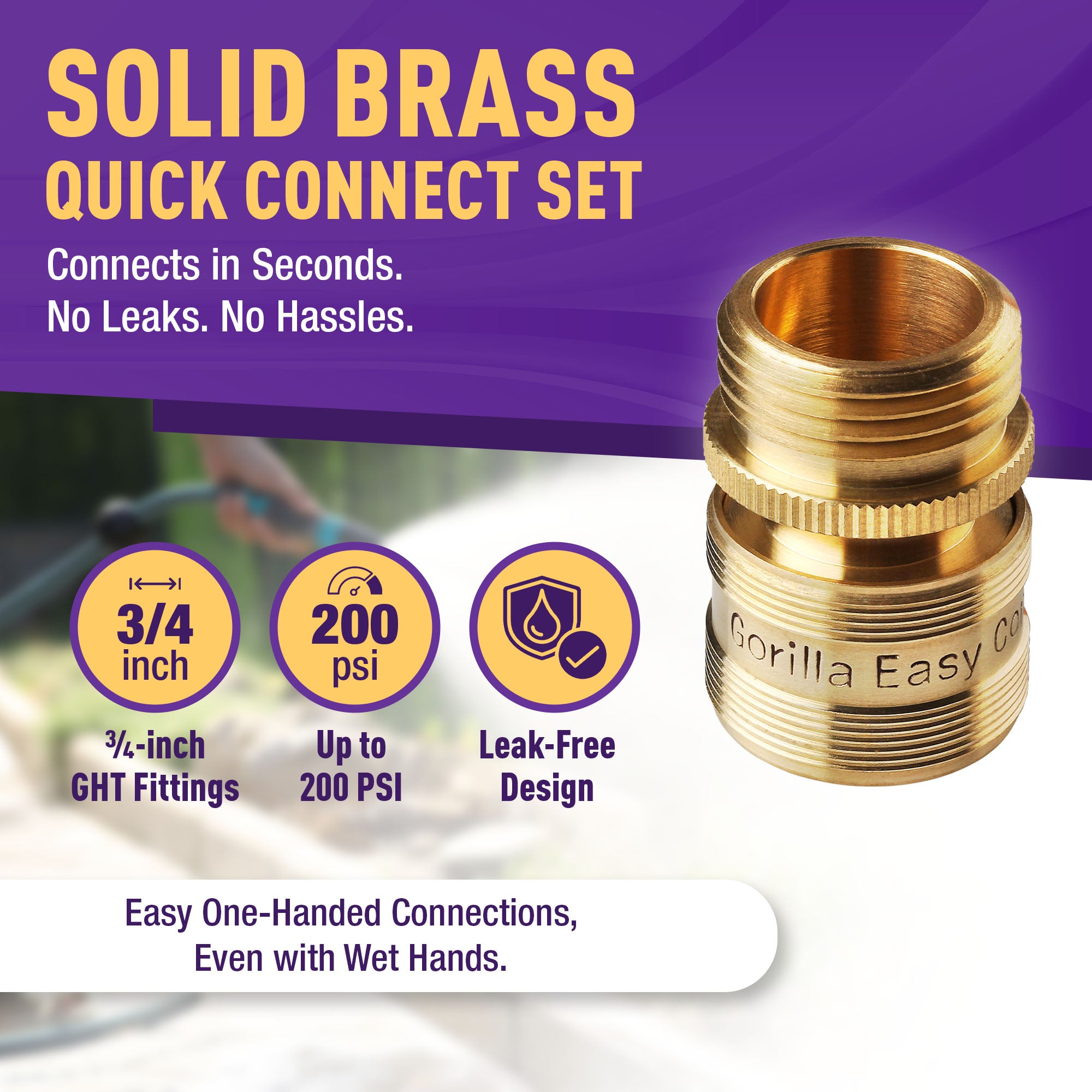 GORILLA EASY CONNECT FEMALE QUICK CONNECT FOR GARDEN HOSE   GARDENING 3/4 INCH GHT SOLID BRASS CONSTRUCTION CORROSIVE RESISTANT LEAK PROOF WATERING DEVICE