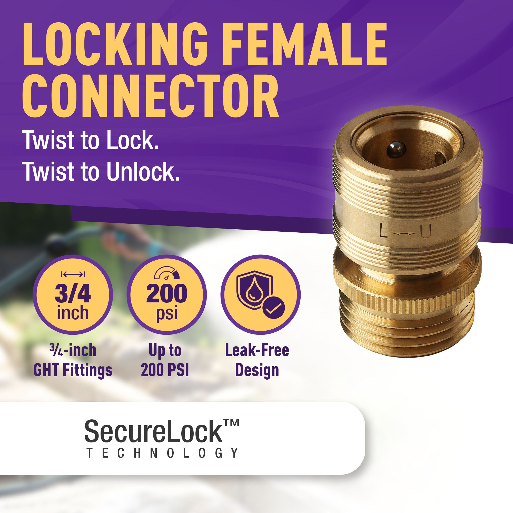 GORILLA EASY CONNECT SECURELOCK SOLID BRASS GARDEN HOSE QUICK CONNECTOR FEMALE WITH LOCKING MECHANISM 3/4 INCH GHT LEAK PROOF CORROSIVE RESISTANT