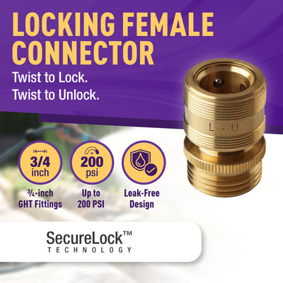 GORILLA EASY CONNECT SECURELOCK SOLID BRASS GARDEN HOSE QUICK CONNECTOR FEMALE WITH LOCKING MECHANISM 3/4 INCH GHT LEAK PROOF CORROSIVE RESISTANT