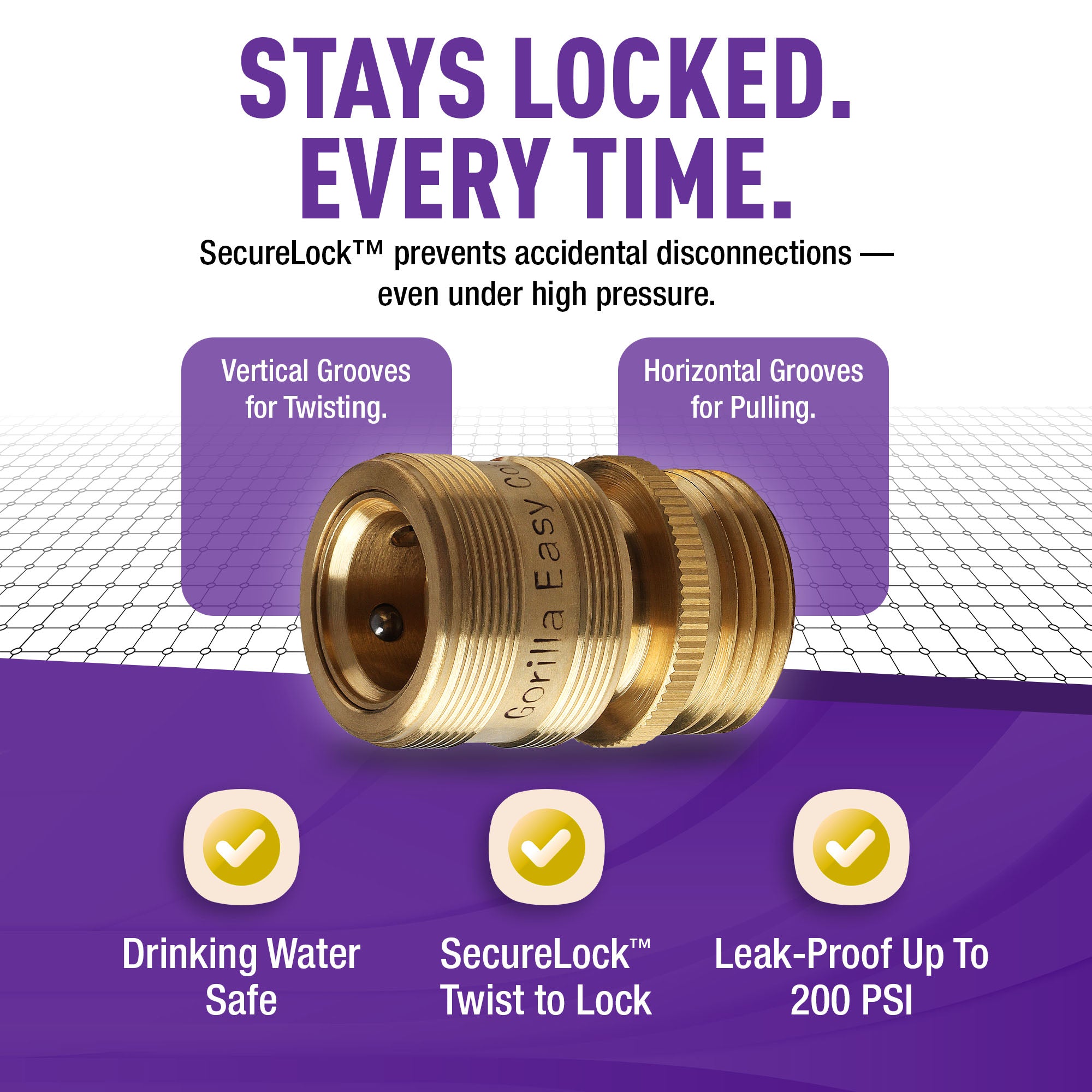 GORILLA EASY CONNECT SECURELOCK SOLID BRASS GARDEN HOSE QUICK CONNECTOR FEMALE WITH LOCKING MECHANISM 3/4 INCH GHT LEAK PROOF CORROSIVE RESISTANT