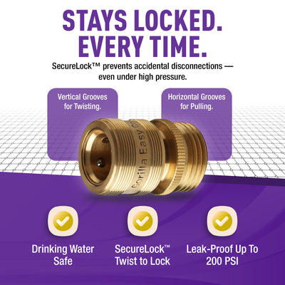GORILLA EASY CONNECT SECURELOCK SOLID BRASS GARDEN HOSE QUICK CONNECTOR FEMALE WITH LOCKING MECHANISM 3/4 INCH GHT LEAK PROOF CORROSIVE RESISTANT