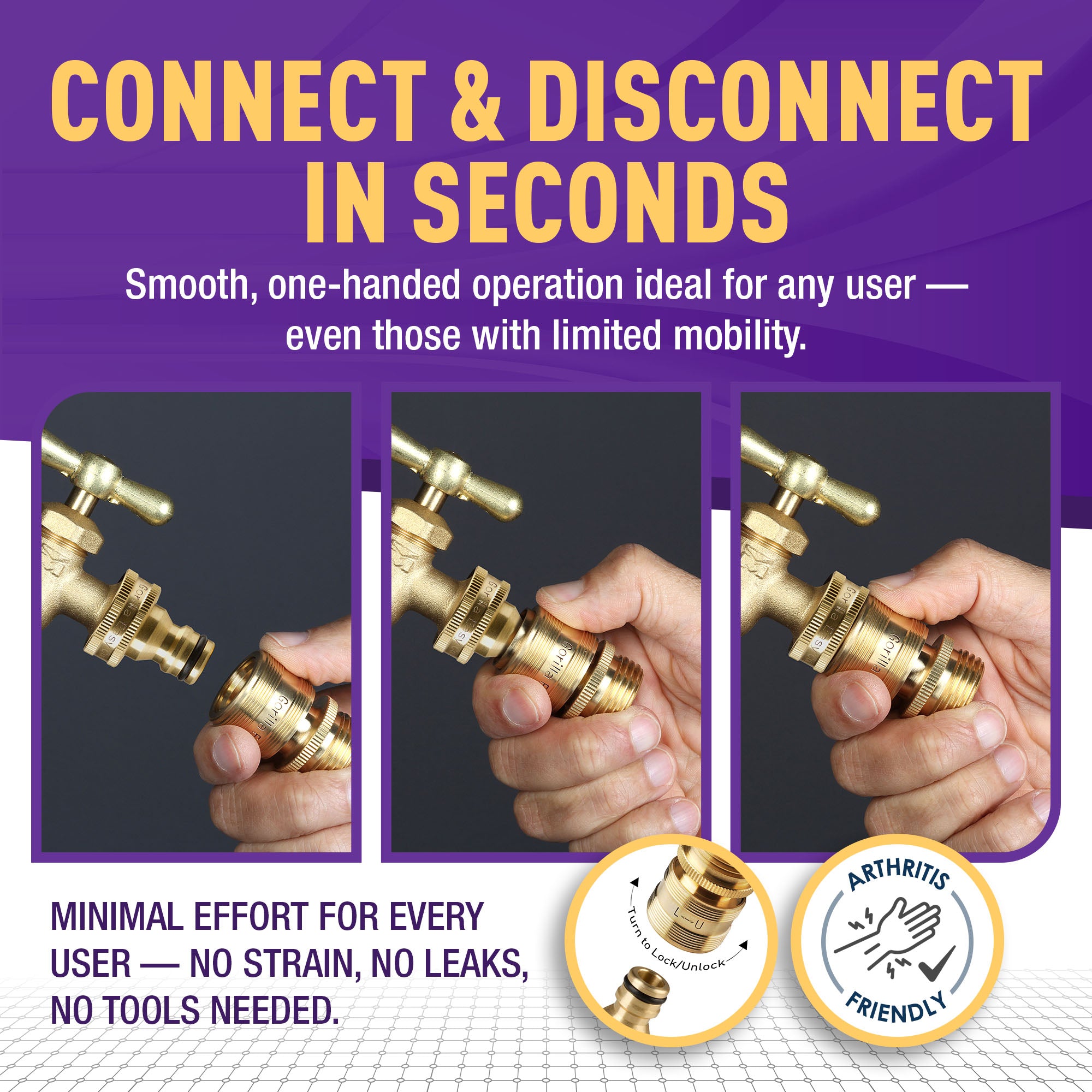 GORILLA EASY CONNECT LEAD FREE QUICK CONNECT LOCKING CONNECTORS FOR GARDEN HOSE 3/4" GHT GARDEN HOSE THREAD LEAK PROOF