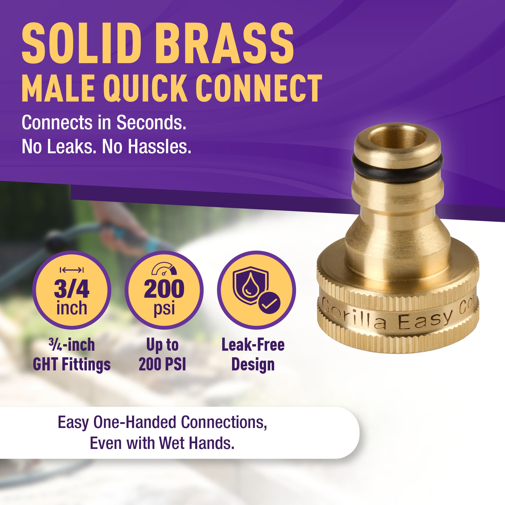 GORILLA EASY CONNECT MALE CONNECTOR FOR GARDEN HOSE SOLID BRASS CORROSIVE RESISTANT LEAK PROOF 3/4 INCH GHT