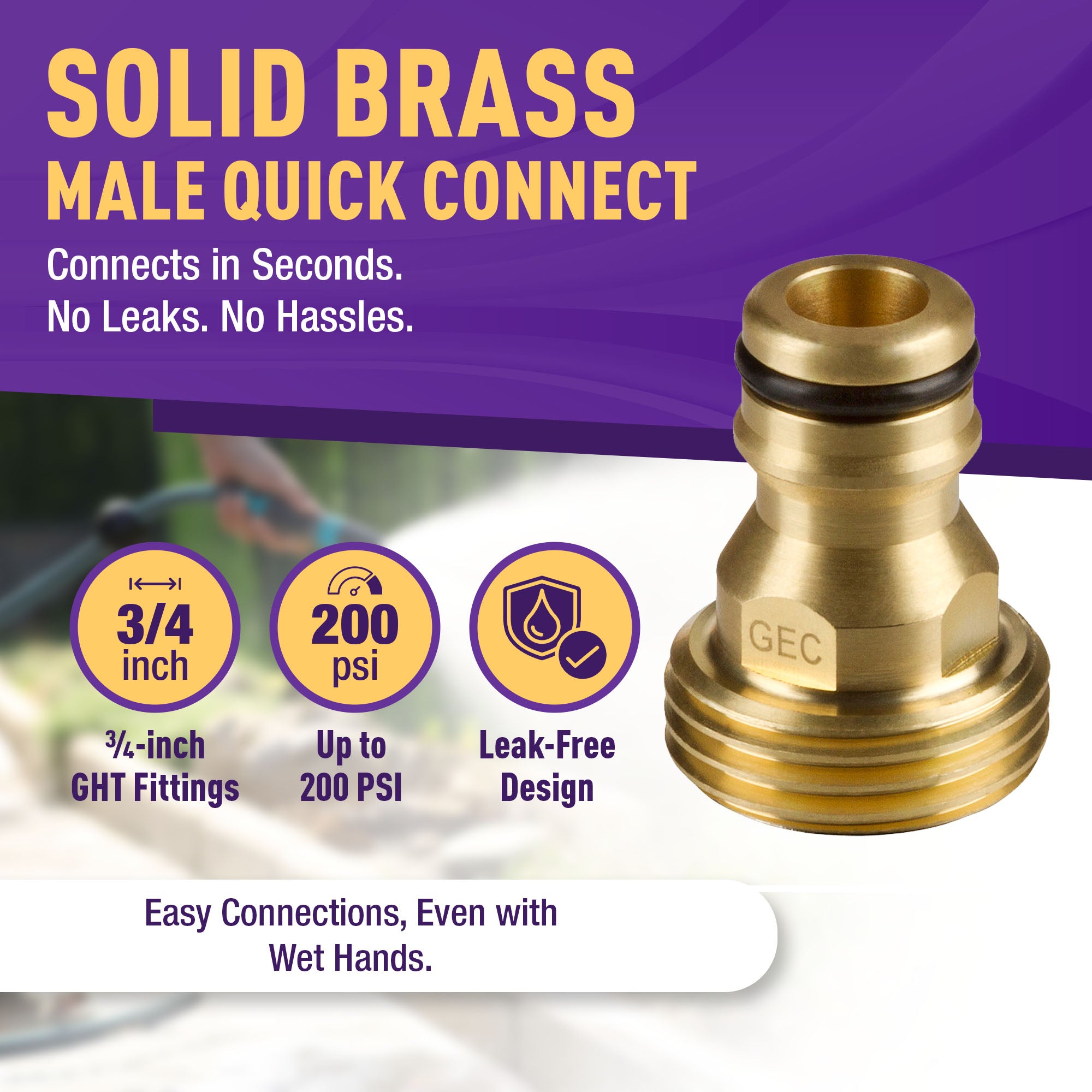 GORILLA EASY CONNECT MALE CONNECTOR WITH MALE THREADS FOR GARDEN HOSE SOLID BRASS CORROSIVE RESISTANT LEAK PROOF 3/4 INCH GHT