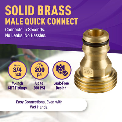 GORILLA EASY CONNECT MALE CONNECTOR WITH MALE THREADS FOR GARDEN HOSE SOLID BRASS CORROSIVE RESISTANT LEAK PROOF 3/4 INCH GHT