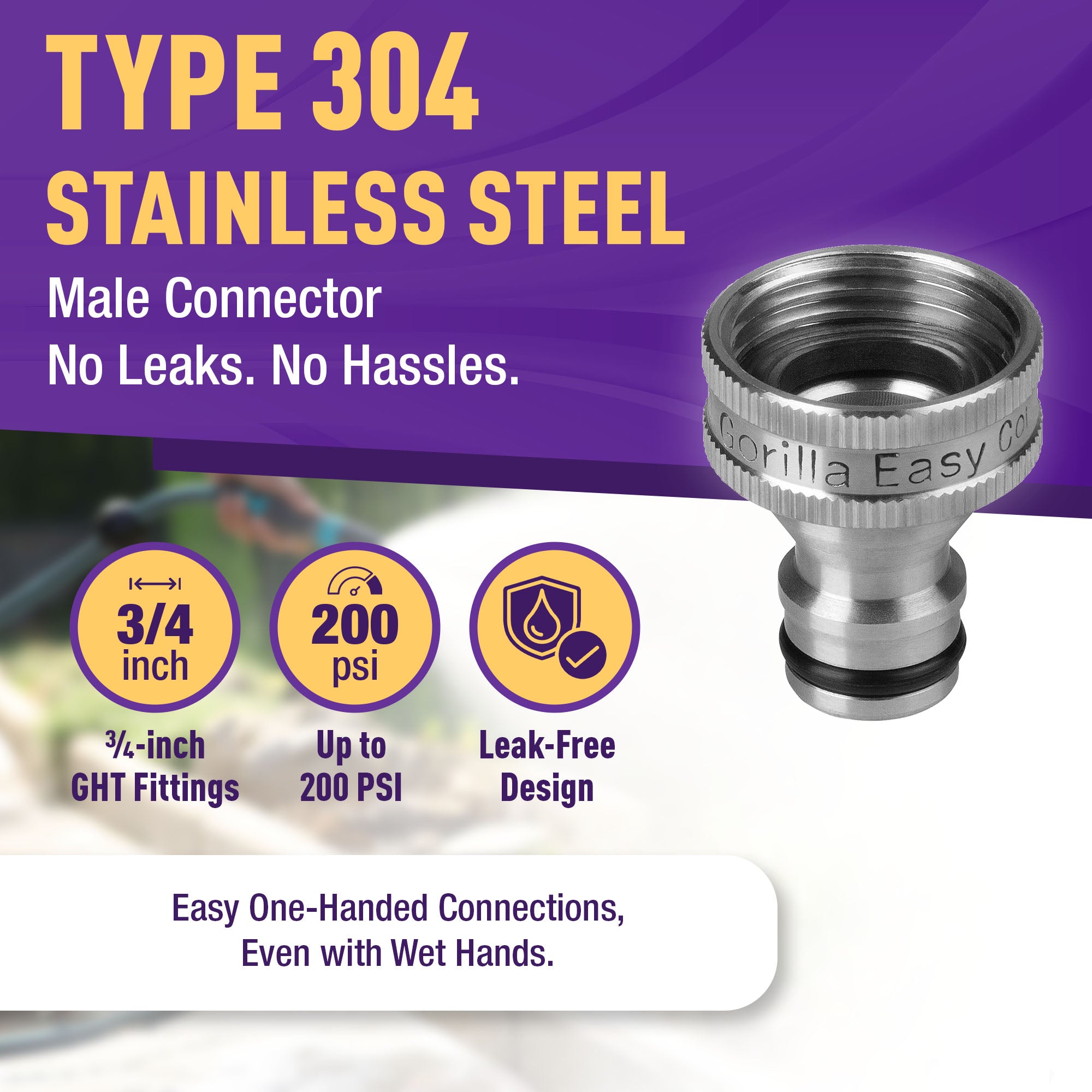 Gorilla Easy Connect Type 304 Stainless Steel Quick Connect with lock locking mechanism Secure Lock. 3/4" GHT thread Potable Water Safe