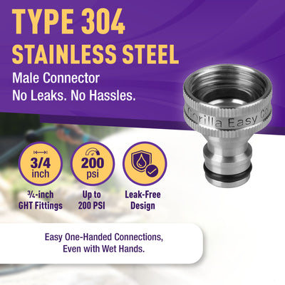 Gorilla Easy Connect Type 304 Stainless Steel Quick Connect with lock locking mechanism Secure Lock. 3/4" GHT thread Potable Water Safe