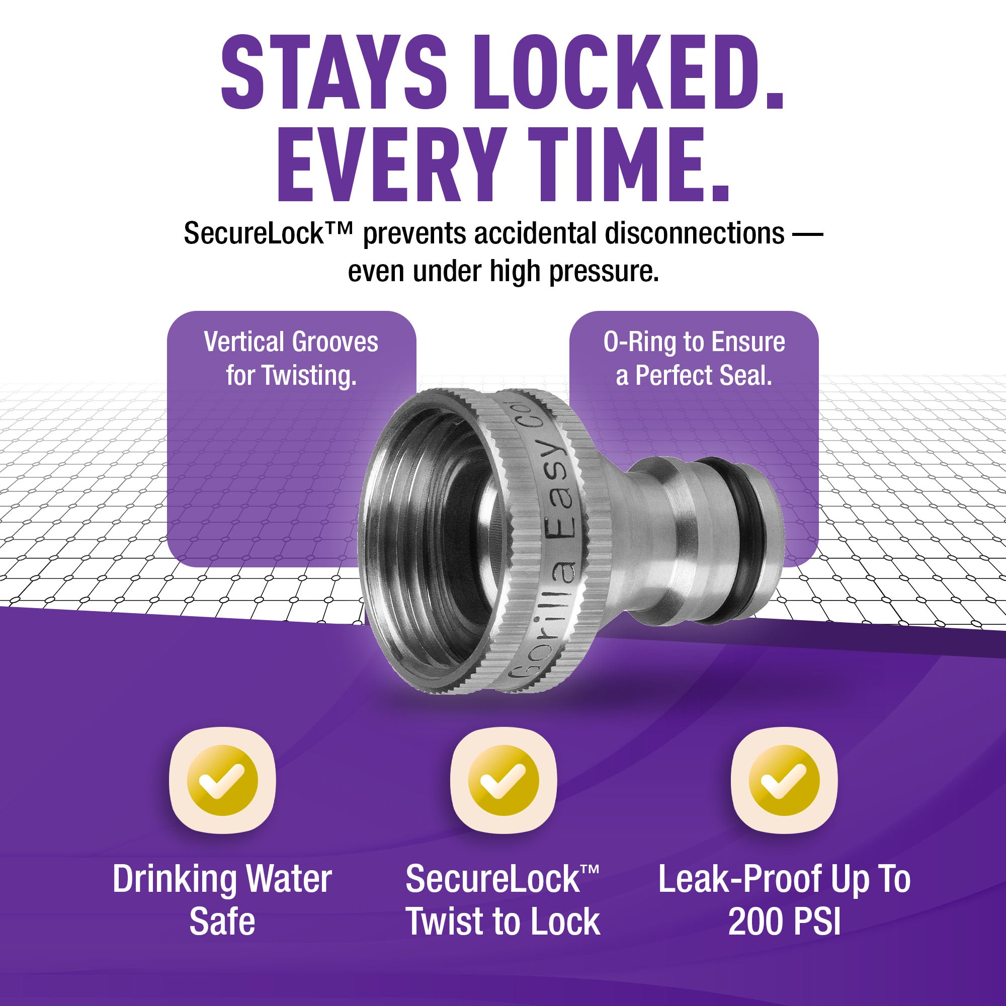 Gorilla Easy Connect Type 304 Stainless Steel Quick Connect with lock locking mechanism Secure Lock. 3/4" GHT thread Potable Water Safe