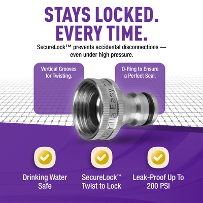 Gorilla Easy Connect Type 304 Stainless Steel Quick Connect with lock locking mechanism Secure Lock. 3/4" GHT thread Potable Water Safe