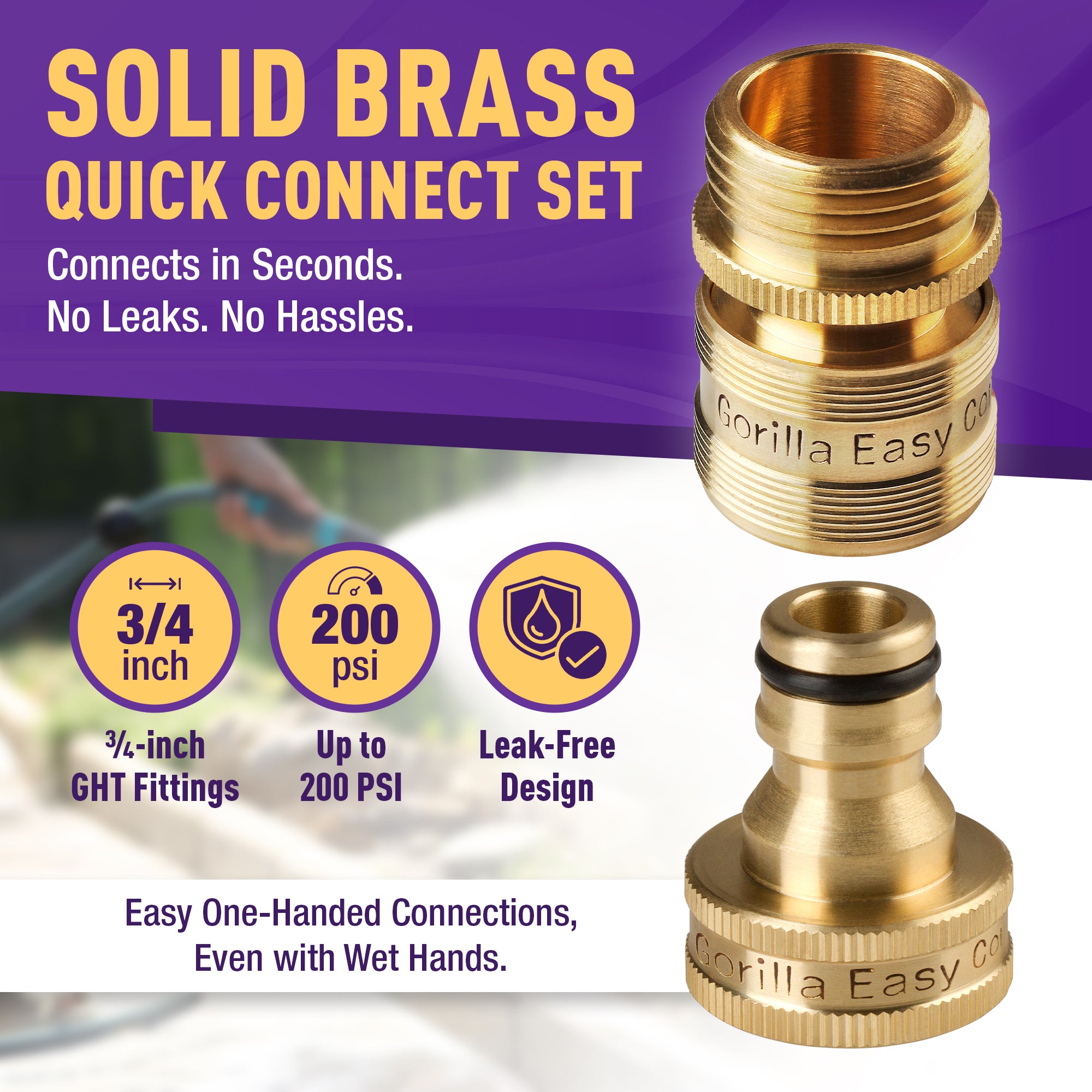 GORILLA EASY CONNECT MALE AND FEMALE GARDEN HOSE QUICK CONNECTOR SOLID BRASS LEAK PROOF 3/4 INCH GHT THREAD CORROSIVE RESISTANT