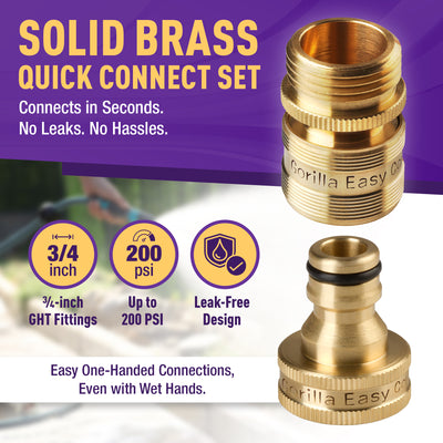 GORILLA EASY CONNECT MALE AND FEMALE GARDEN HOSE QUICK CONNECTOR SOLID BRASS LEAK PROOF 3/4 INCH GHT THREAD CORROSIVE RESISTANT