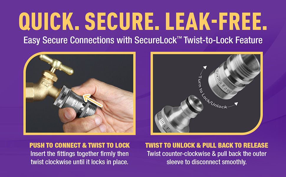 Gorilla Easy Connect Type 304 Stainless Steel Quick Connect with lock locking mechanism Secure Lock. 3/4" GHT thread Potable Water Safe