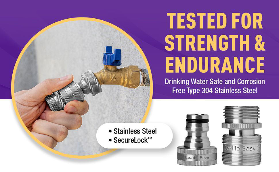 Gorilla Easy Connect Type 304 Stainless Steel Quick Connect with lock locking mechanism Secure Lock. 3/4" GHT thread Potable Water Safe