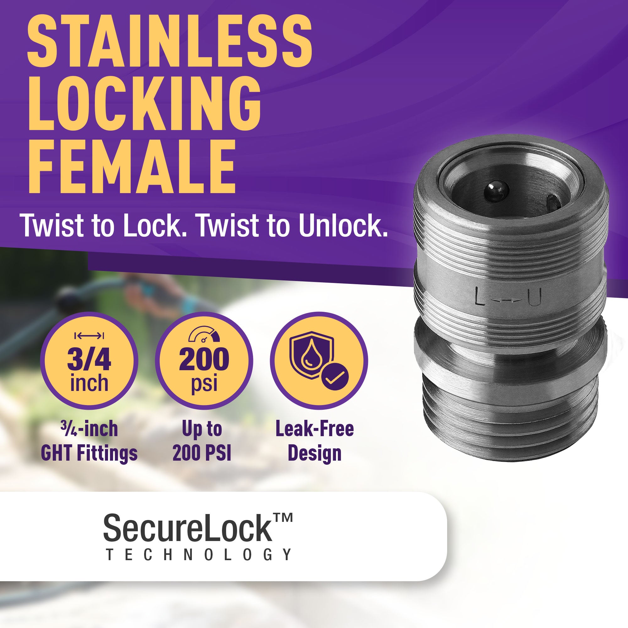 Gorilla Easy Connect Type 304 Stainless Steel Quick Connect with lock locking mechanism Secure Lock. 3/4" GHT thread Potable Water Safe