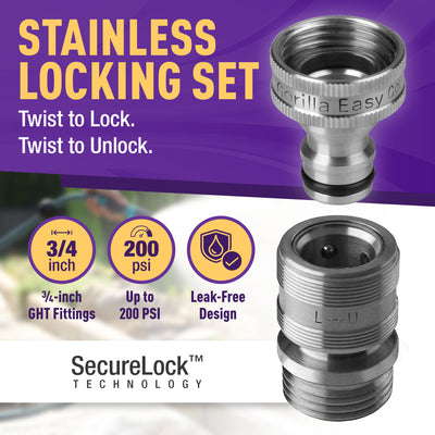 Gorilla Easy Connect Type 304 Stainless Steel Quick Connect with lock locking mechanism Secure Lock. 3/4" GHT thread Potable Water Safe