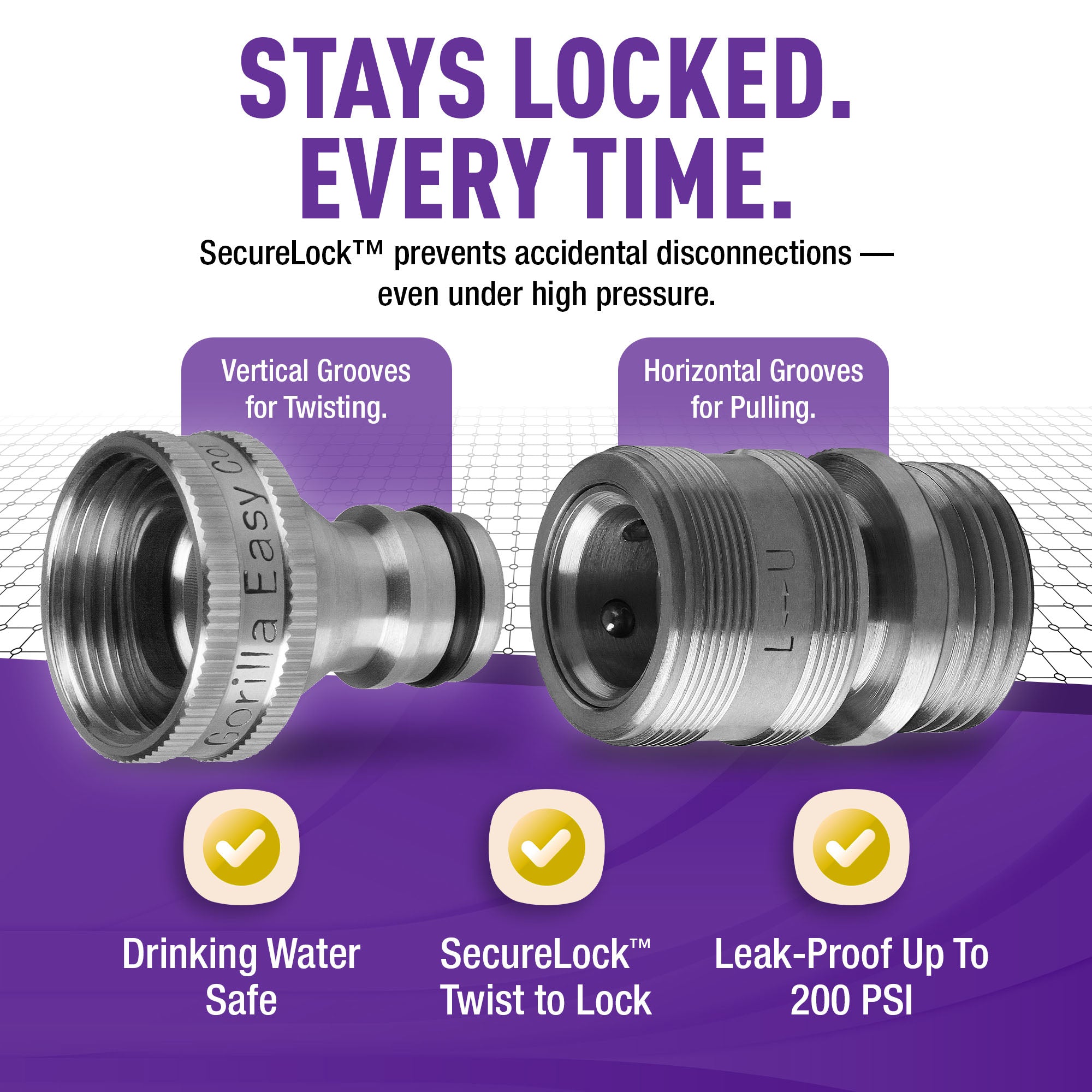 Gorilla Easy Connect Type 304 Stainless Steel Quick Connect with lock locking mechanism Secure Lock. 3/4" GHT thread Potable Water Safe