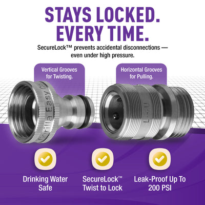 Gorilla Easy Connect Type 304 Stainless Steel Quick Connect with lock locking mechanism Secure Lock. 3/4" GHT thread Potable Water Safe