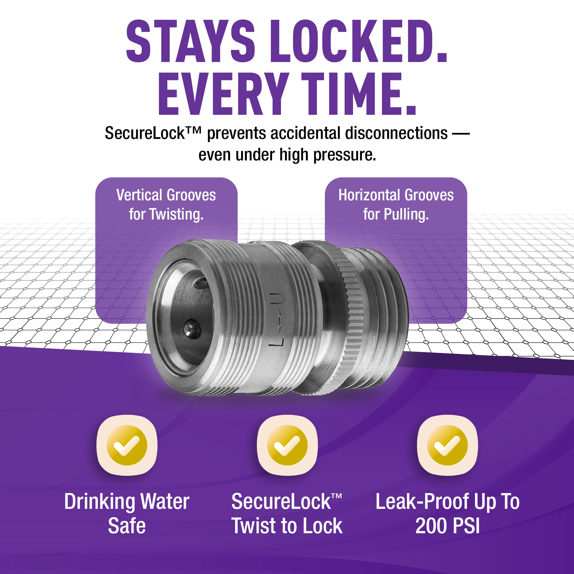 Gorilla Easy Connect Type 304 Stainless Steel Quick Connect with lock locking mechanism Secure Lock. 3/4" GHT thread Potable Water Safe
