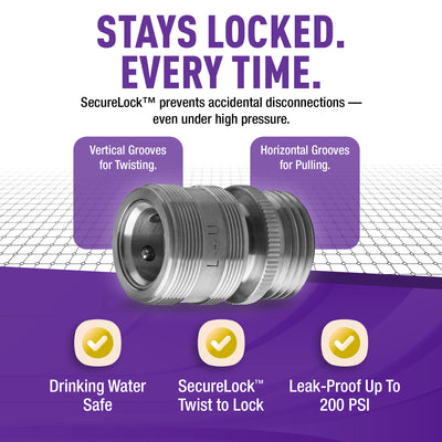 Gorilla Easy Connect Type 304 Stainless Steel Quick Connect with lock locking mechanism Secure Lock. 3/4" GHT thread Potable Water Safe