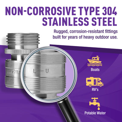 Gorilla Easy Connect Type 304 Stainless Steel Quick Connect with lock locking mechanism Secure Lock. 3/4" GHT thread Potable Water Safe