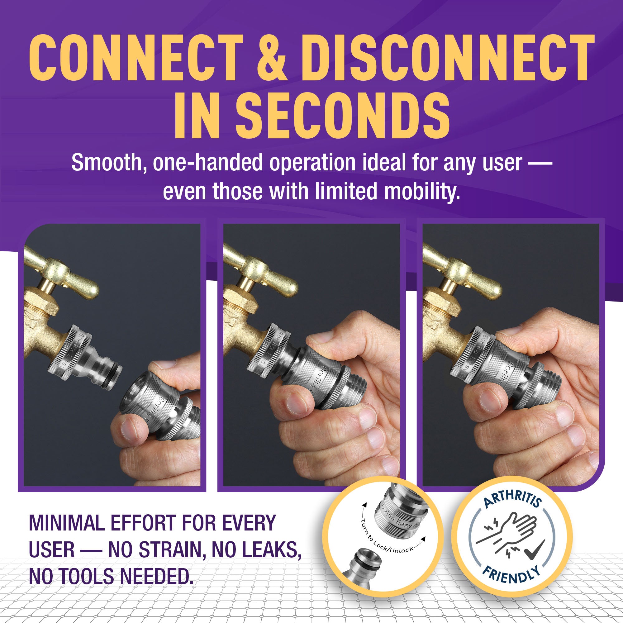 Gorilla Easy Connect Type 304 Stainless Steel Quick Connect with lock locking mechanism Secure Lock. 3/4" GHT thread Potable Water Safe