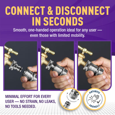 Gorilla Easy Connect Type 304 Stainless Steel Quick Connect with lock locking mechanism Secure Lock. 3/4" GHT thread Potable Water Safe